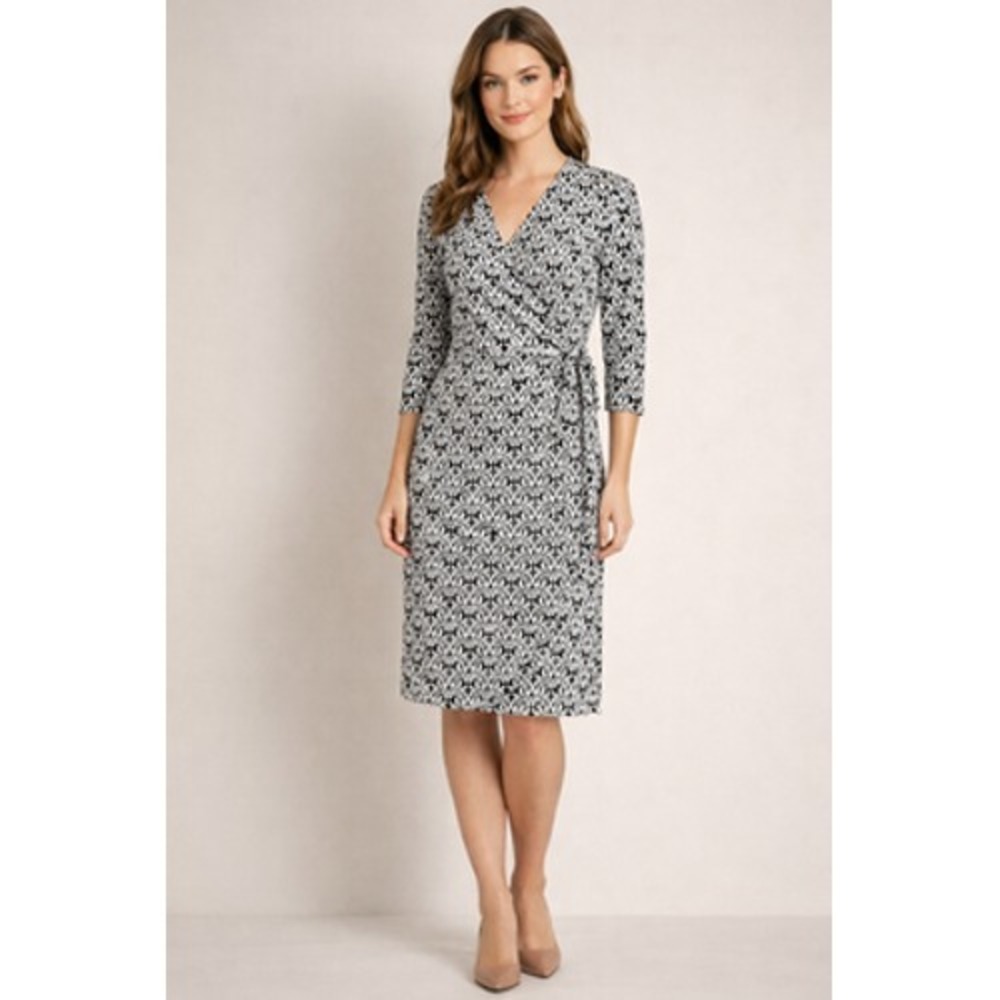 Felicity & Coco Dress Womens Large Black White Wrap 3/4 Sleeve Knee Length